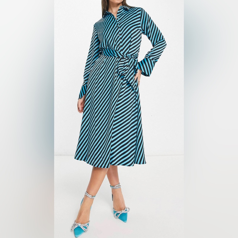 Y.A.S Satin Shirt Dress Blue & Black Stripe Tie Waist Midi Size L